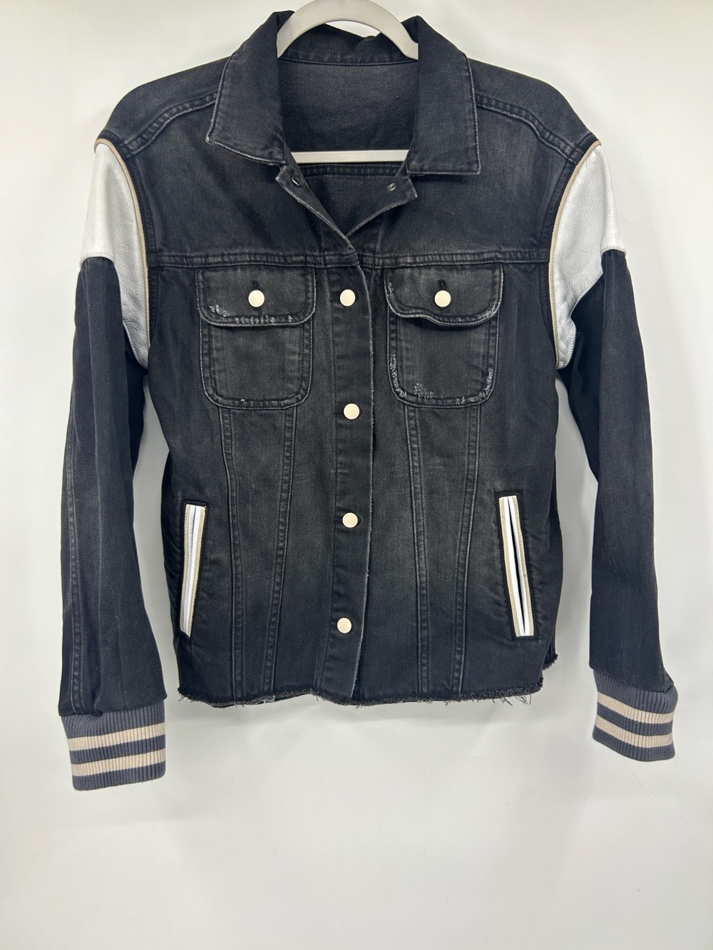 All Saints Women’s Black Vintage Baseball Denim Jacket Leather Panels Size 10